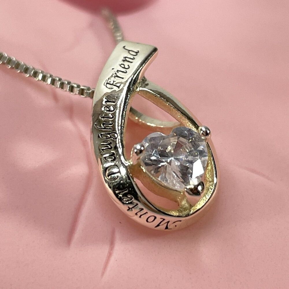 Mother Daughter Friend 925 Sterling Silver Cubic Zirconia Heart Pendant Necklace